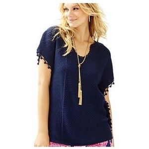LILLY PULITZER Navy Blue Keating Sweater Poncho Tasseled Crochet Size XS